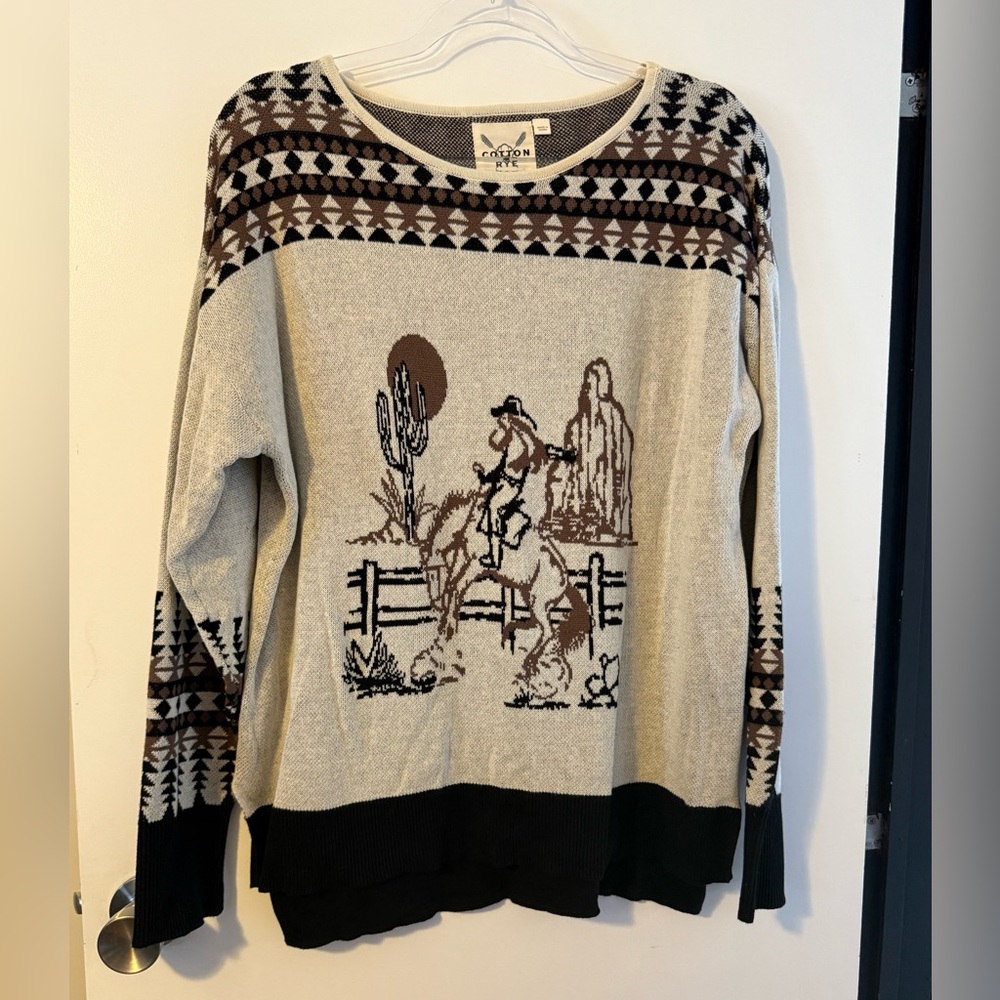 Western Style Crewneck Sweater - Brown and Cream